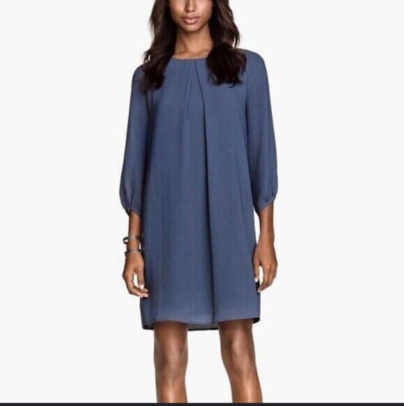 H&M Womens Shift Mini Dress Crew Neck Long Sleeve Button Navy Blue Size 12 - Picture 1 of 7